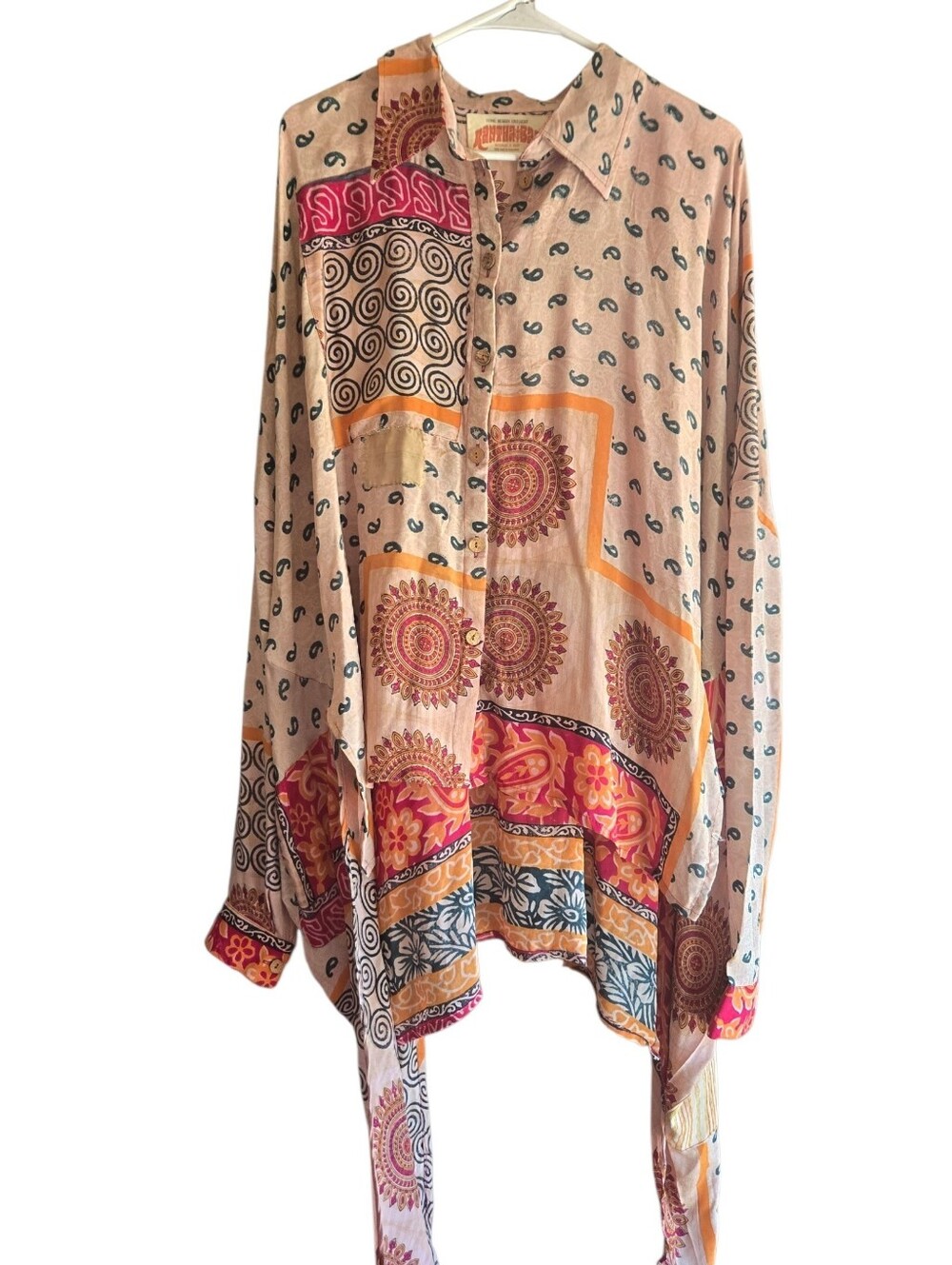 Kantha Bae, Boho Patchwork Button-Up Tunic Top - Pink Multi